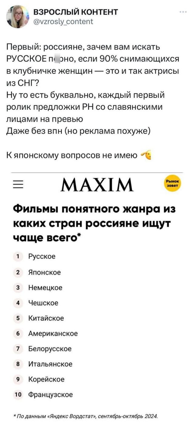 В Сети обсуждают животрепещущую тему: статистику по кино для взрослых у россиян в Яндексе